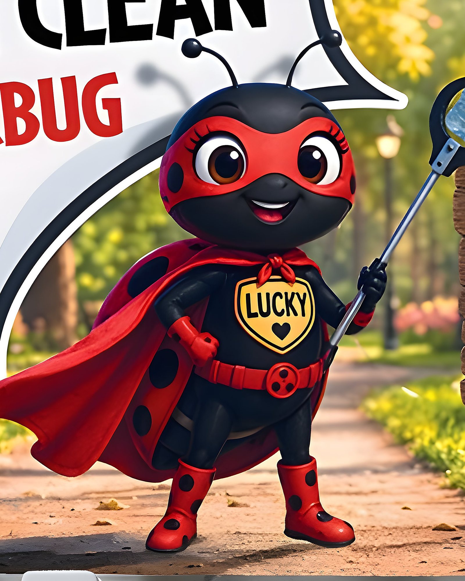 Lucky the Ladybug, the Do Not Be A Litterbug mascot, in a red cape with a 'LUCKY' shield